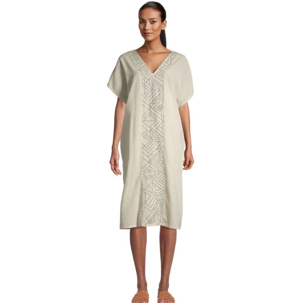 World Market Kaftan Cotton Linen Cream Embroidered SZ OS NWT